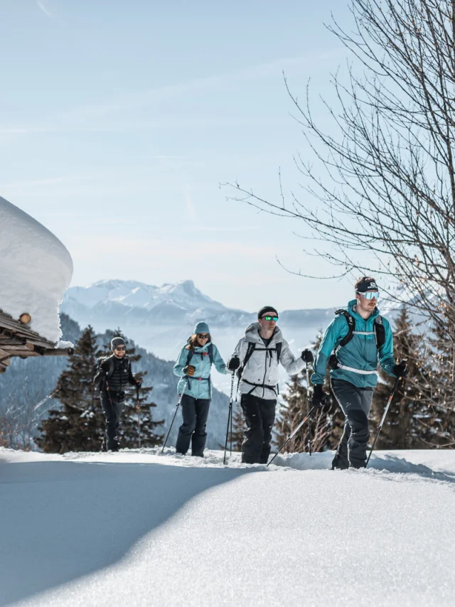 Randonnée raquettes en groupe au Grand-Bornand