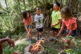 groupes d'enfants en train de faire griller des chamallows en forêt